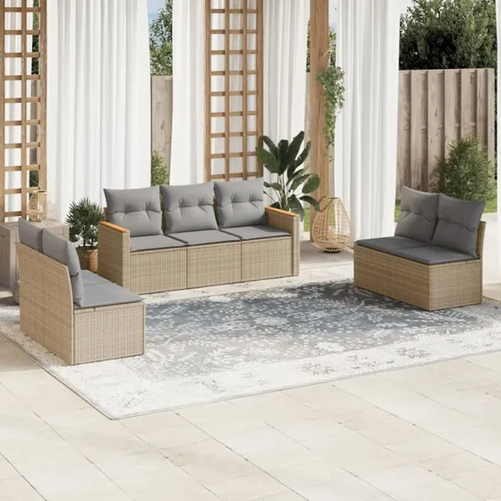 Havesofasæt 7 dele i polyrattan med hynder – beige