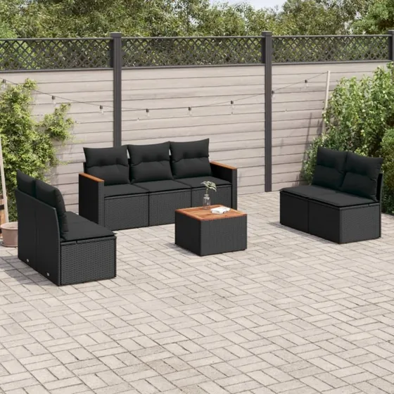 Havesofasæt 8 dele – sort polyrattan med hynder