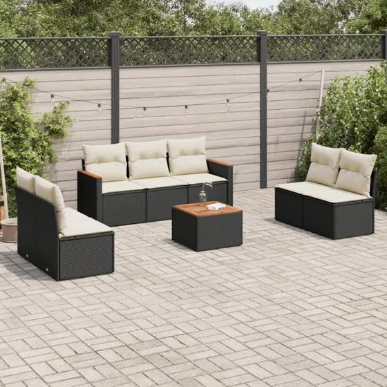 Havesofasæt 8 dele i sort polyrattan inkl. hynder