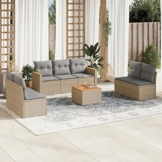 Sofasæt til haven 8 dele i polyrattan med hynder - beige