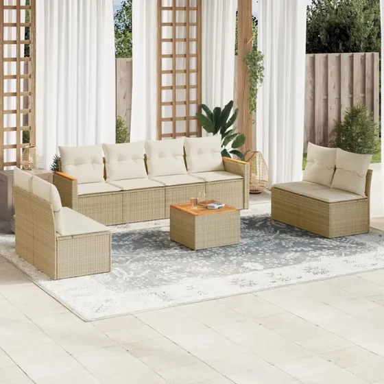 Havesofasæt 9 dele i polyrattan med hynder – beige