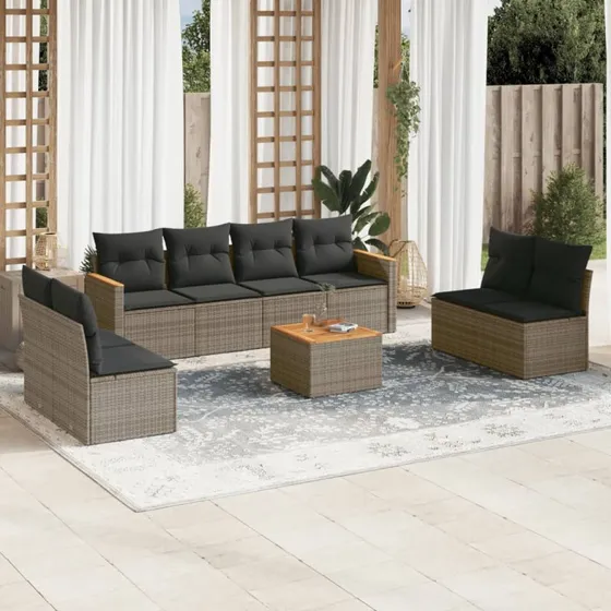 Havesofasæt 9 dele i grå polyrattan med hynder