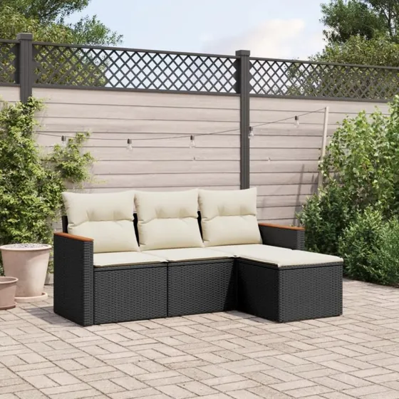 Havesofasæt 4 dele i sort polyrattan inkl. hynder