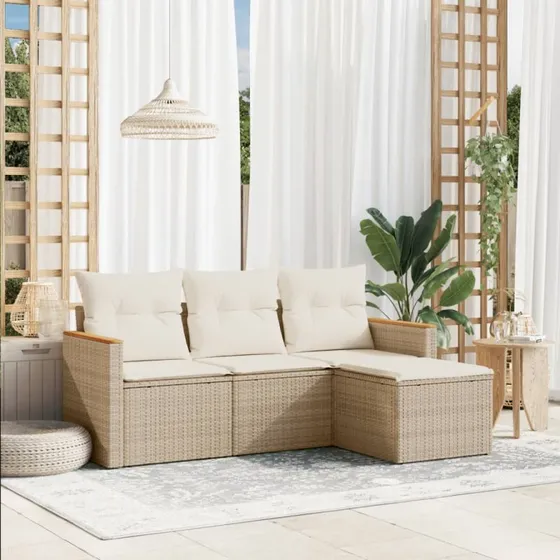 Sofasæt til haven 4 dele i polyrattan med hynder – beige