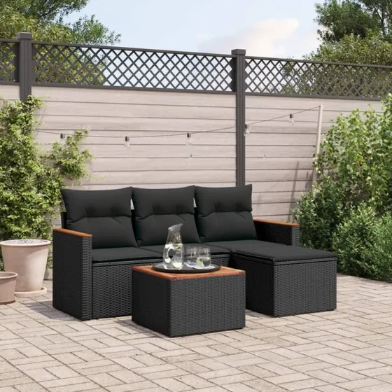 Havesofasæt 5 dele i polyrattan med hynder - sort