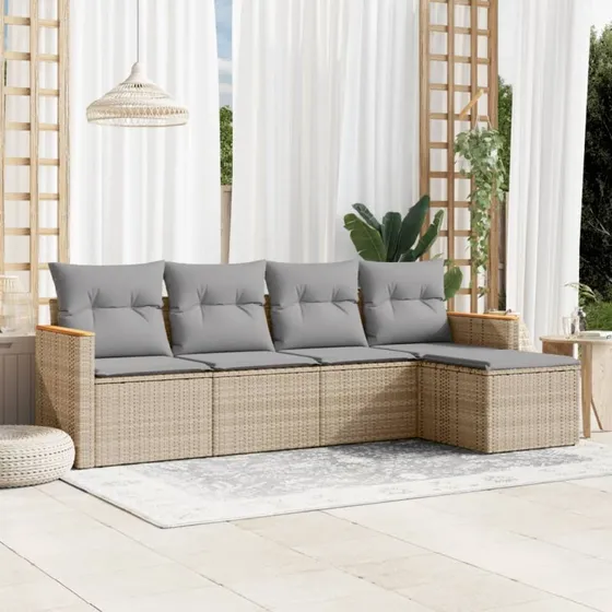 Polyrattan sofasæt til haven 5 dele med hynder - beige