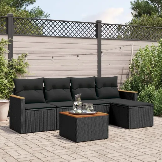 Sofasæt til haven 6 dele i sort polyrattan med hynder