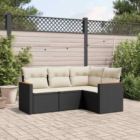 Sofasæt til haven 4 dele i polyrattan med hynder, sort