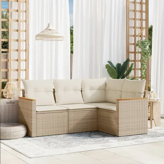 Havesofasæt 4 dele i polyrattan med hynder - beige