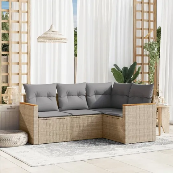 Sofasæt til haven 4 dele i polyrattan med hynder - Beige