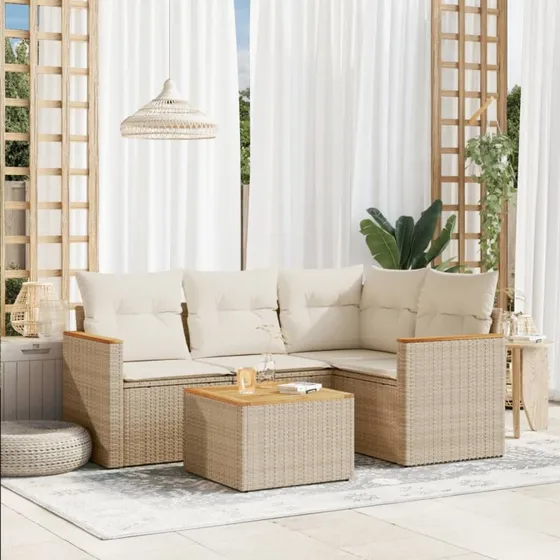 Havesofasæt 5 dele i beige polyrattan med hynder