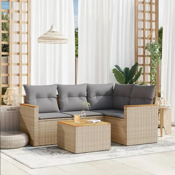 Havesofasæt 5 dele i beige polyrattan med hynder