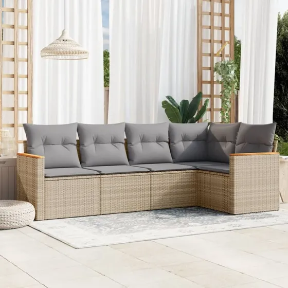 Havesofasæt 5 dele i beige polyrattan med hynder