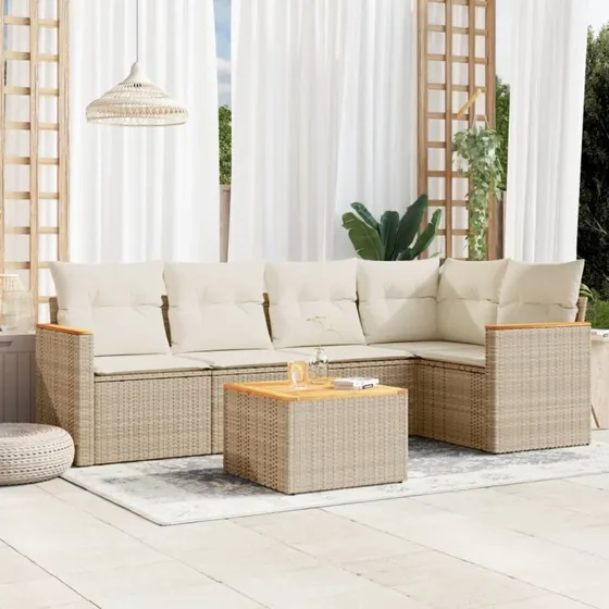 Sofasæt i polyrattan til haven 6 dele med hynder – beige