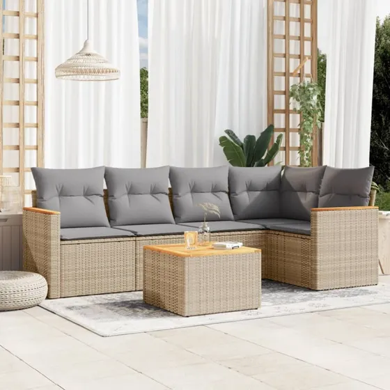 Havesofasæt 6 dele i polyrattan med hynder, beige