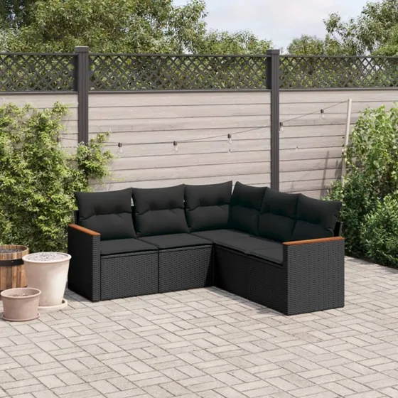 Sofasæt til haven 5 dele i sort polyrattan med hynder