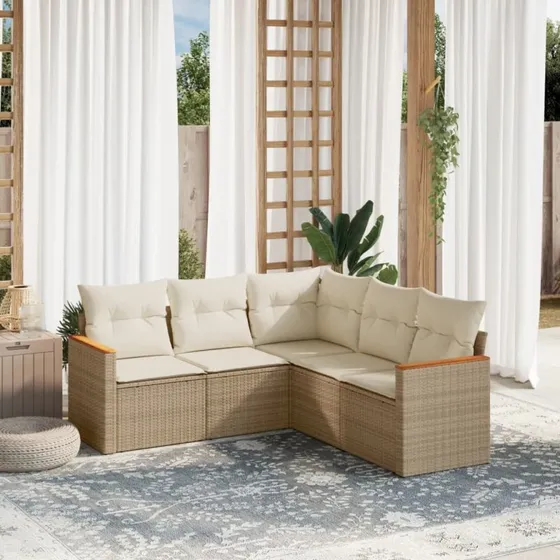 Havesofasæt 5 dele i polyrattan med hynder – beige