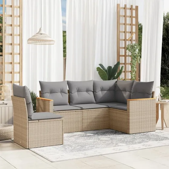 Havesofasæt 5 dele i polyrattan med hynder - beige