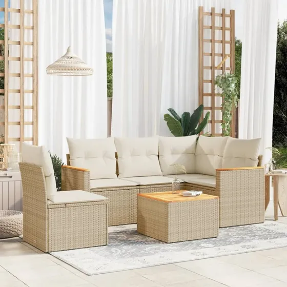 Havesofasæt 6 dele i polyrattan med hynder – beige