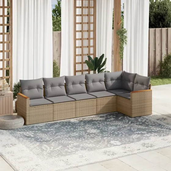 Havesofasæt 6 dele i polyrattan med hynder – beige
