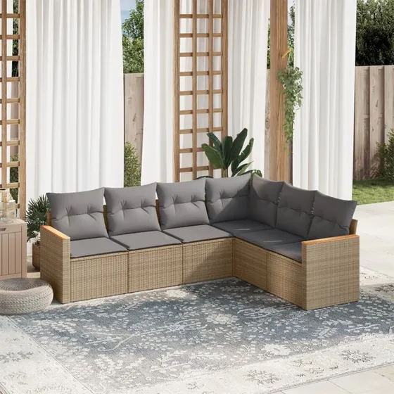 Havesofasæt 6 dele i beige polyrattan med hynder