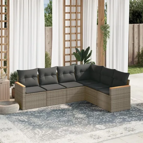 Havesofasæt 6 dele i polyrattan med hynder, grå