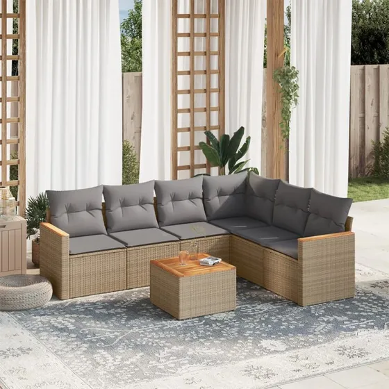 Havesofasæt 7 dele i beige polyrattan med hynder