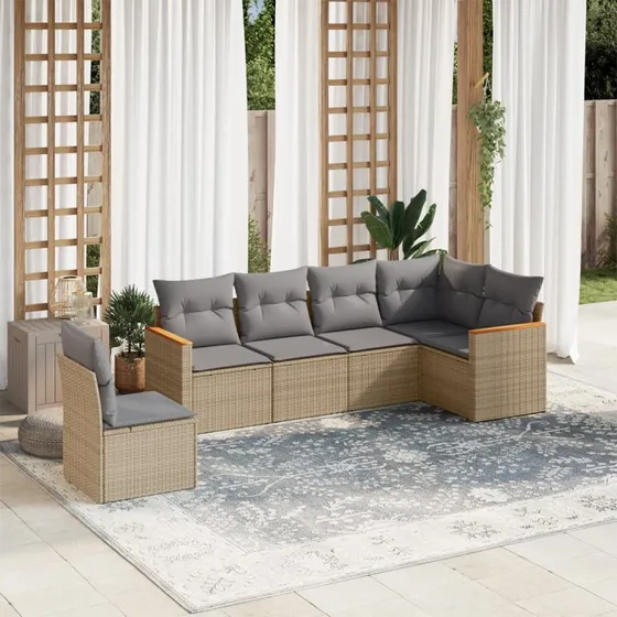Havesofasæt 6 dele i polyrattan med hynder - beige
