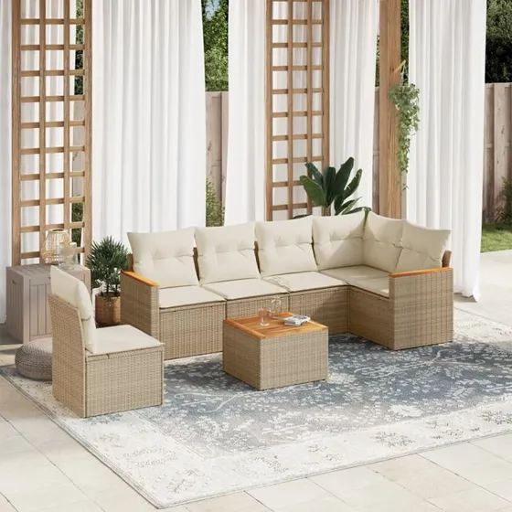 Havesofasæt 7 dele i polyrattan med hynder, beige