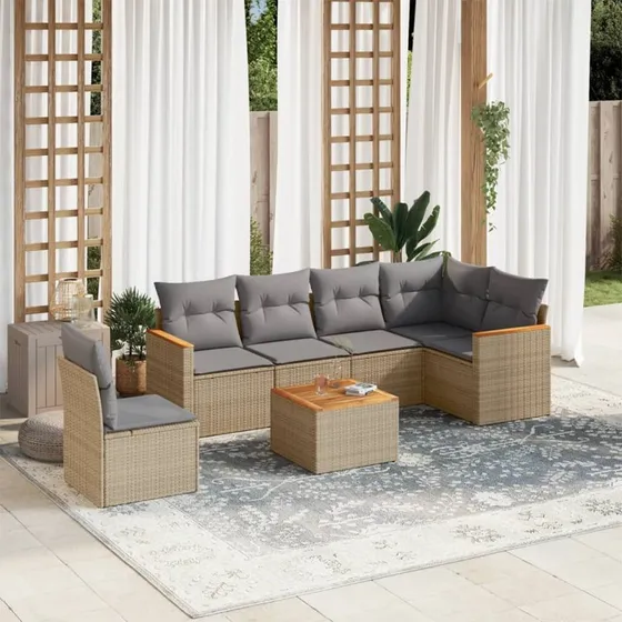 Havesofasæt 7 dele i polyrattan med hynder – beige