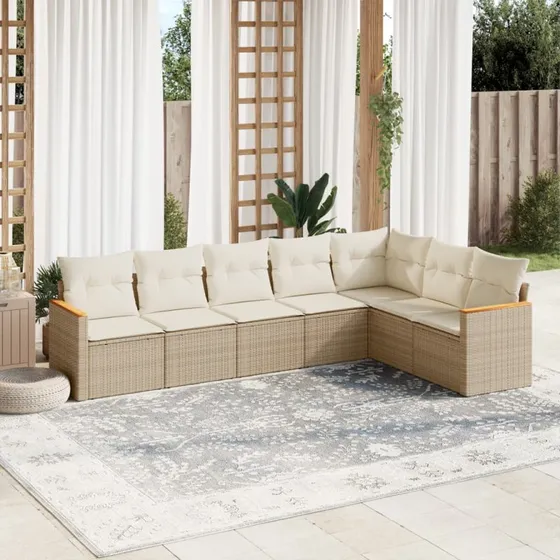 Havesofasæt 7 dele i polyrattan med hynder – beige