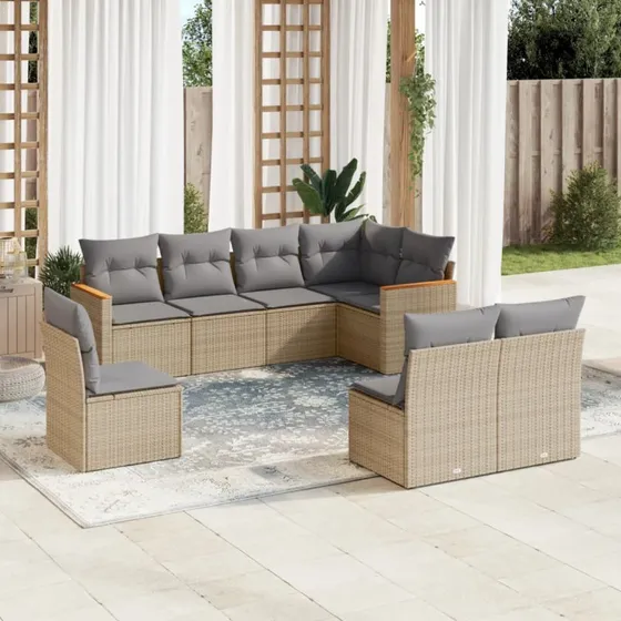 Havesofasæt 8 dele i beige polyrattan med hynder