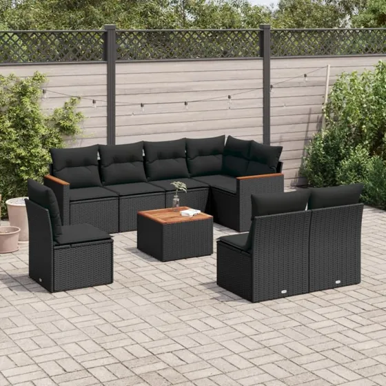 Sofasæt 9 dele til haven i sort polyrattan med hynder