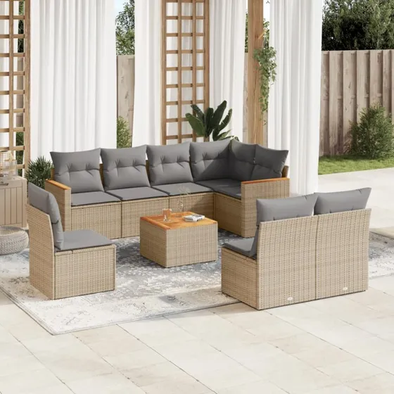 Havesofasæt 9 dele i polyrattan med hynder – Beige