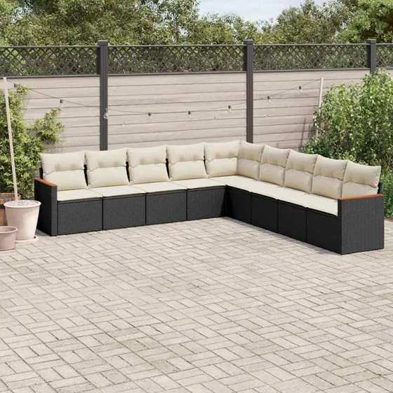 Havesofasæt 9 dele i polyrattan med hynder - sort