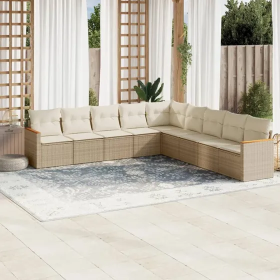 Havesofasæt 9 dele i polyrattan med hynder – beige