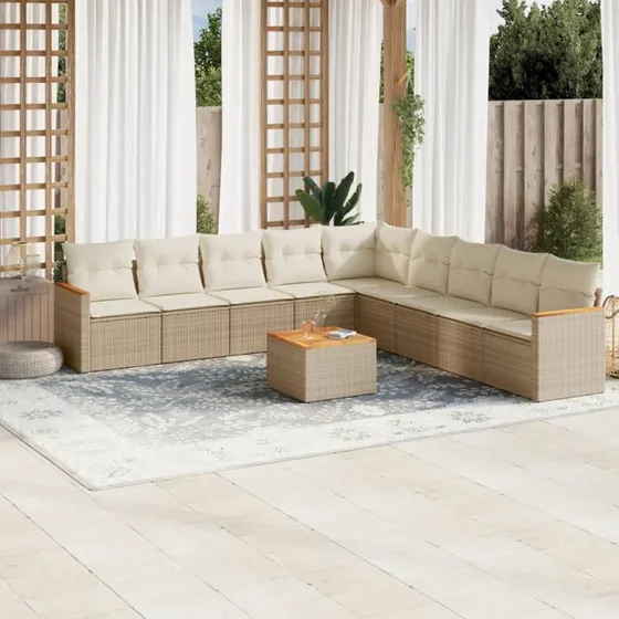 Havesofasæt 10 dele i polyrattan beige med hynder