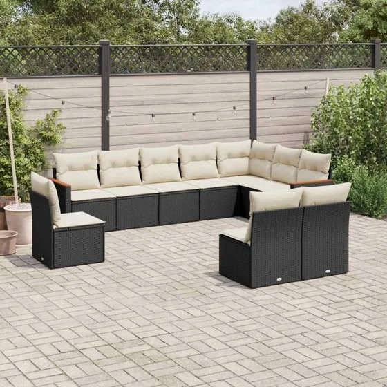 Havesofasæt 10 dele i polyrattan med hynder - sort