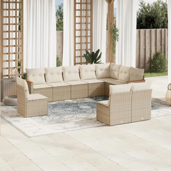 Havesofasæt 10 dele i beige polyrattan med hynder