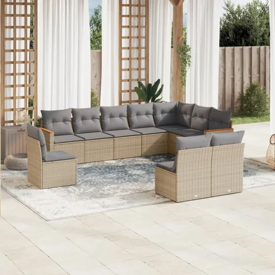 Havesofasæt 10 dele i beige polyrattan med hynder