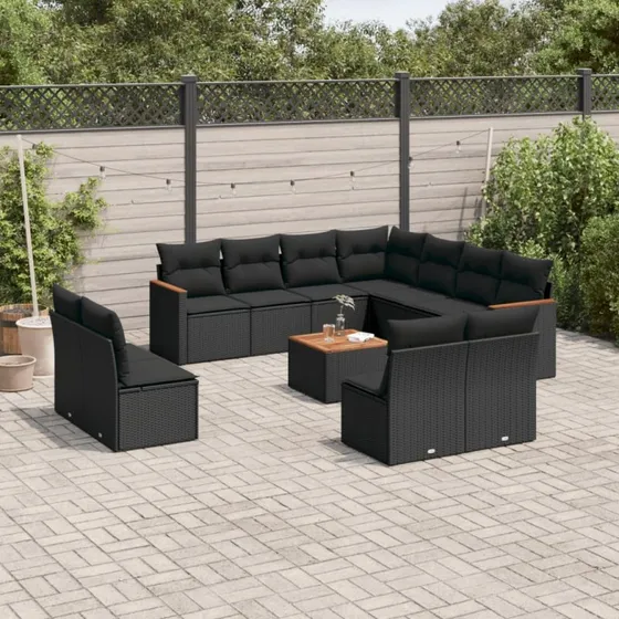 Havesofasæt 12 dele i sort polyrattan med hynder
