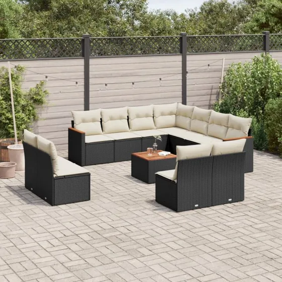 Havesofasæt 12 dele sort polyrattan med hynder
