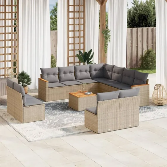 12-dele havesofasæt i polyrattan med hynder – beige