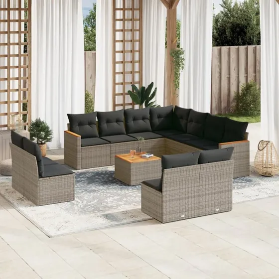 Havesofasæt 12 dele i polyrattan med hynder, grå