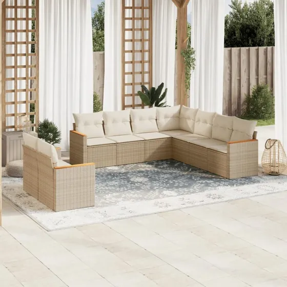 Havesofasæt 9 dele i beige polyrattan med hynder
