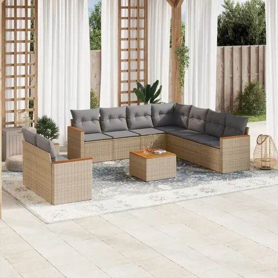 Havesofasæt 10 dele i polyrattan med hynder, beige