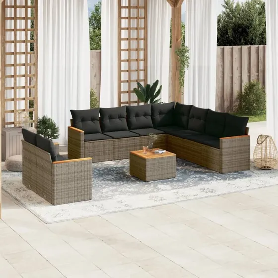 Sofasæt til have 10 dele i grå polyrattan med hynder