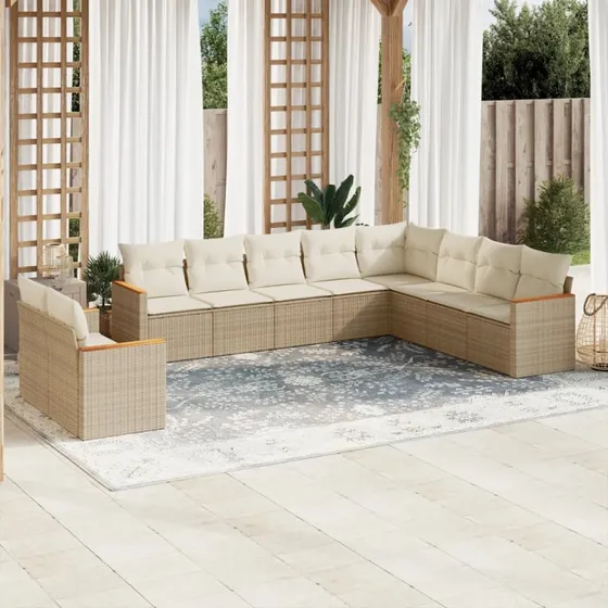 Havesofasæt 10 dele i polyrattan med hynder (beige)