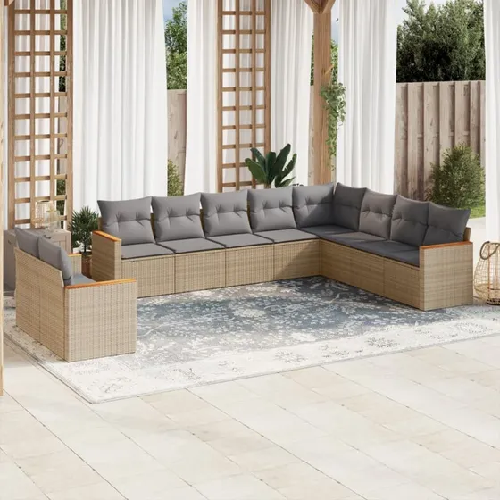 Havesofasæt 10 dele i polyrattan med hynder – beige