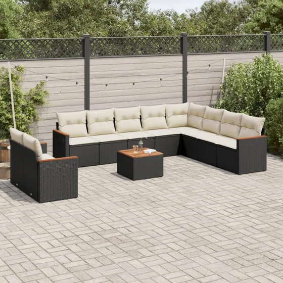 Havesofasæt 11 dele i sort polyrattan med hynder